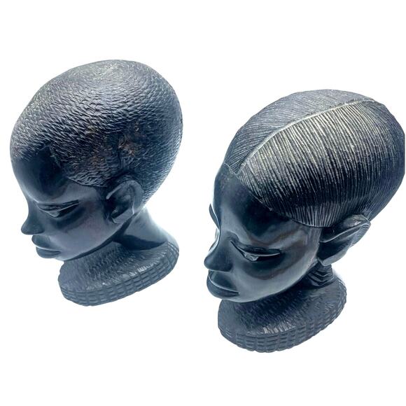 Vintage African Hand Carved‎ Ebony Wood Sculpture  Heads set of two - Picture 8 of 8